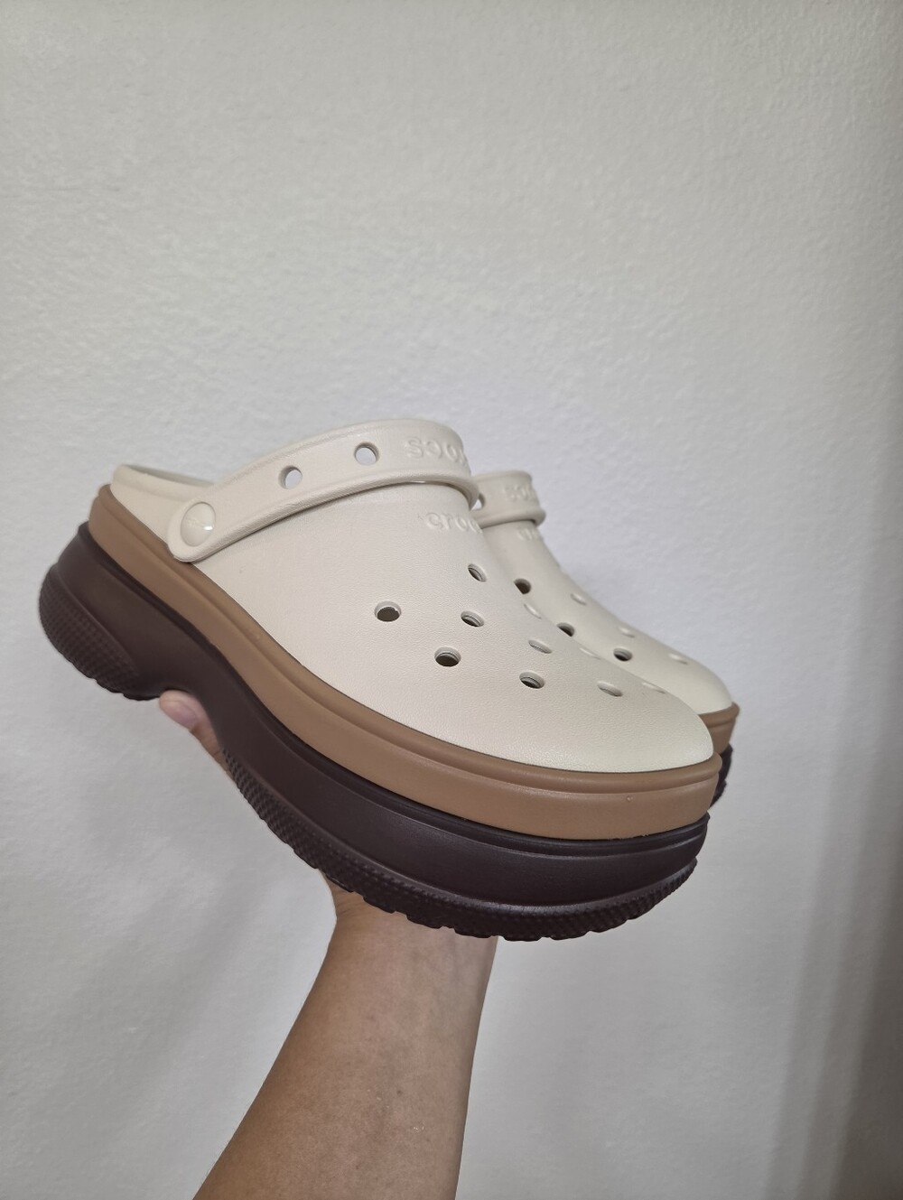 CROCS  Classic Clog in Cream and Brown Trim